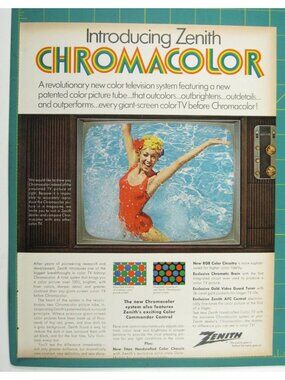 Print Ad Zenith Chromacolor Revolutionary Color TV Vintage 1960s Woman Pool MOD